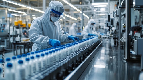 A pharmaceutical factory where workers and robots carefully handle ingredients, package medications, and conduct quality control checks, ensuring safe, high-quality products for global distribution. 