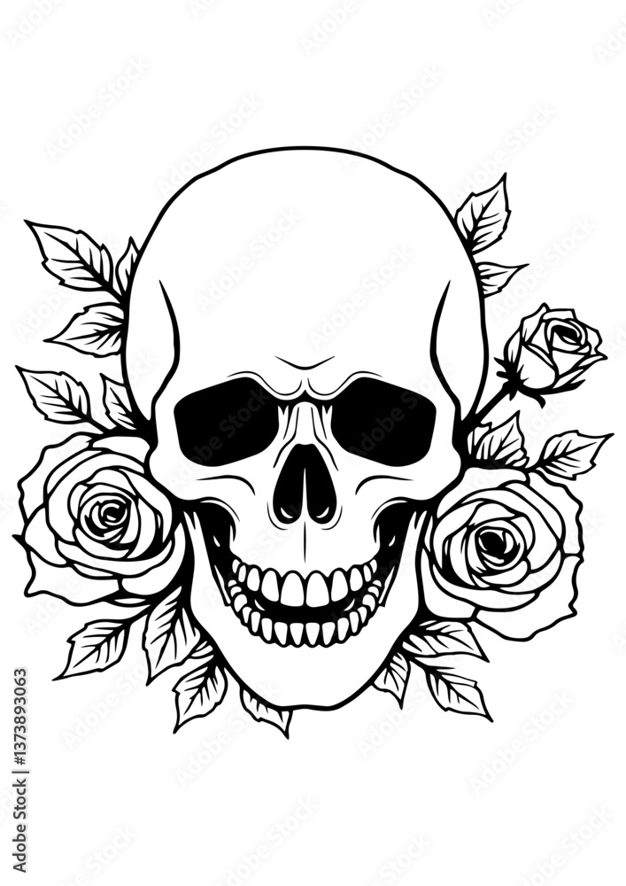 Obraz premium Black and white vector illustration of a human skull with roses and leaves in line art style. Minimalist design, perfect for engraving, tattoos, and prints.