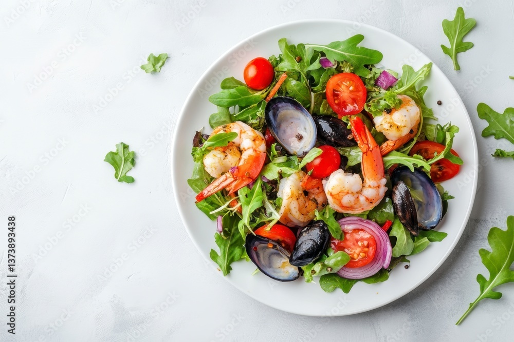 Serving Fresh Seafood Salad with Shrimp Mussels and Greens on Plate Serving Fresh Seafood Salad with Shrimp Mussels and Greens on Plate