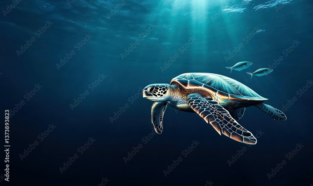 Fototapeta premium A majestic sea turtle glides through the ocean depths accompanied by two silvery fish.