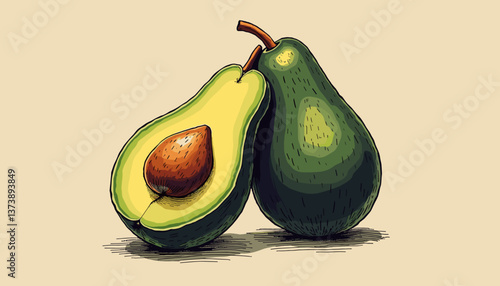 Retro-style illustration of an avocado, one whole and one cut in half, showcasing the seed 
