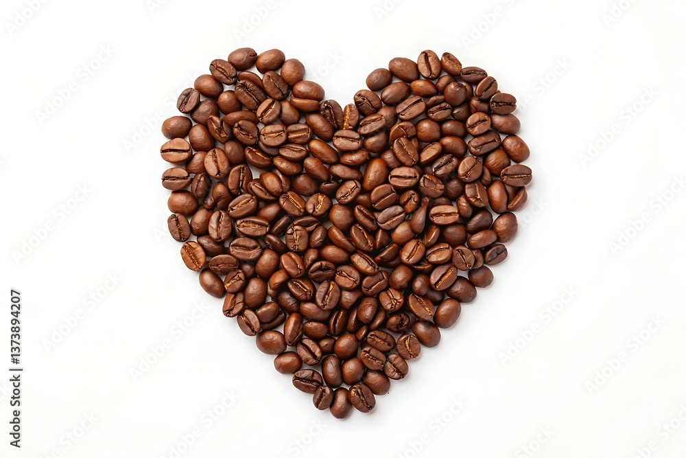 A heartfelt declaration of love crafted from rich, dark roasted coffee beans against a pristine white background. A heartfelt declaration of love crafted from rich, dark roasted coffee beans against a pristine white background.