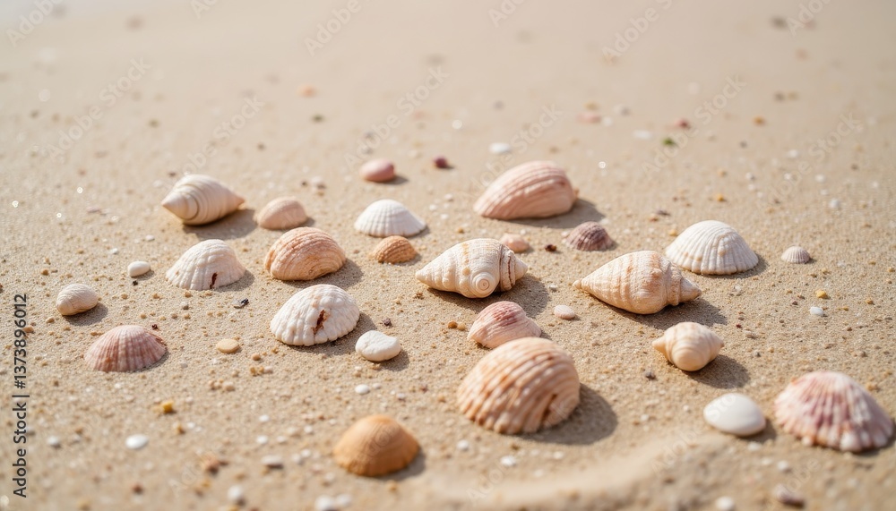 The photo shows a collection of various seashells scattered across the soft, sun kissed sand of a tranquil beach The photo shows a collection of various seashells scattered across the soft, sun kissed sand of a tranquil beach