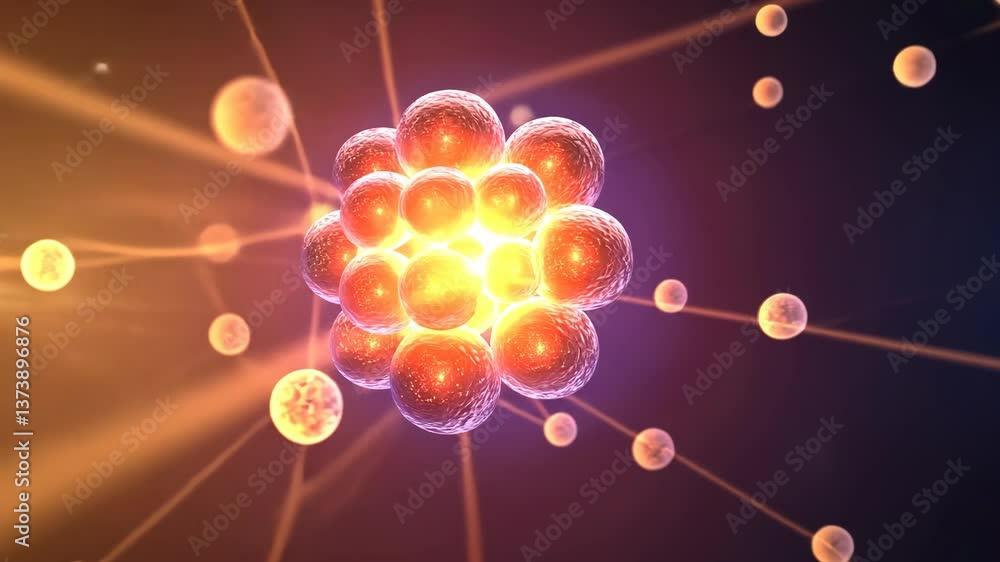Representation of atomic structure showcasing protons, neutrons, and electrons in a vibrant cosmic space
