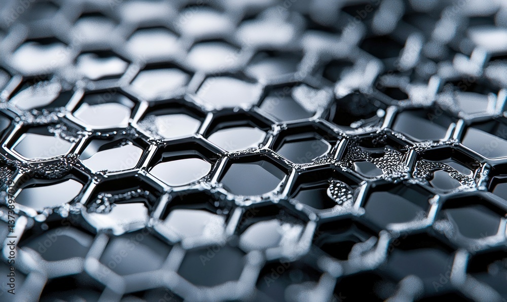 Obraz premium Extreme close-up reveals a shiny, metallic honeycomb pattern with dark liquid within each hexagonal cell.
