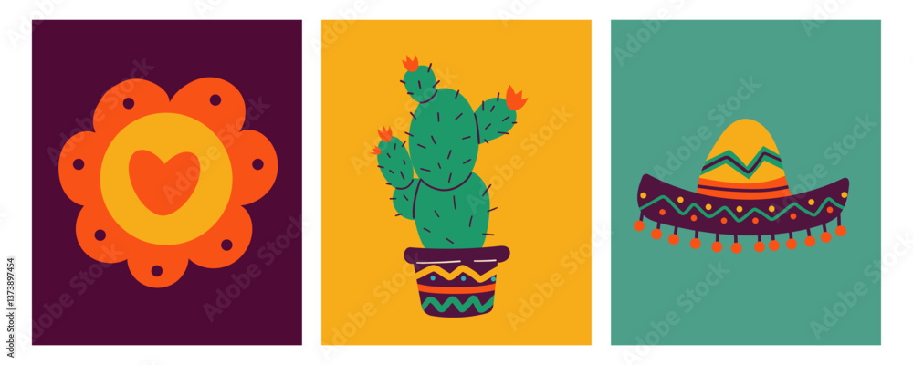 Fototapeta premium Cinco de mayo vector set. Mexican skull, sombrero, , Mexican hat, cactus . Cozy flat doodle hand drawn holiday element . Mexican Pattern design .