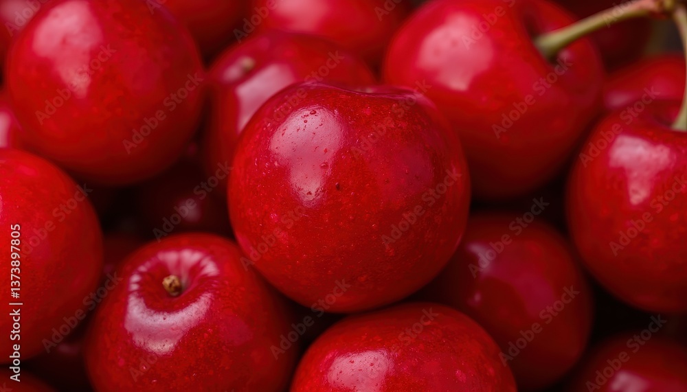 A close up photo capturing a cluster of bountiful cherries with glossy, vibrant red skins A close up photo capturing a cluster of bountiful cherries with glossy, vibrant red skins