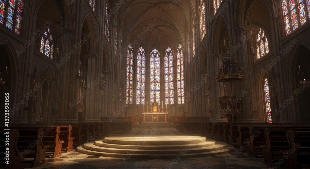 Obraz premium Majestic Cathedral Interior Displaying Architectural Grandeur and Stained Glass Radiance