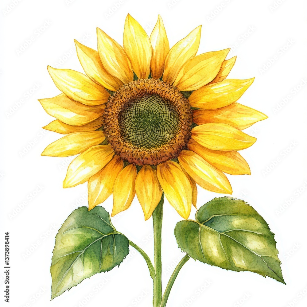 Naklejka premium Delightful watercolor depiction of a cute sunflower head showcasing soft colors against a pristine white background evoking feelings of spring and joy ideal for childrens book aesthetics