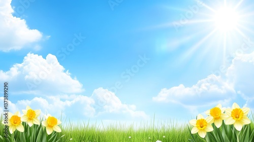 Yellow Daffodils In The Meadow, Sunny Copy Space With Blue Sky Background, Spring Flowers Banner