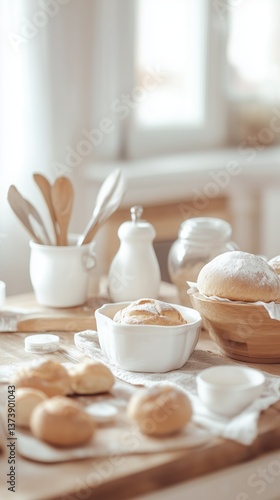 Wallpaper Mural Rustic baking ingredients and fresh buns in cozy kitchen light Torontodigital.ca