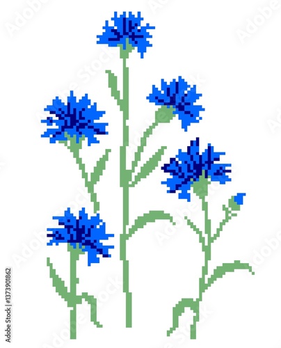 Bouquet of five cornflowers isolated on a white background. Pixel art. Pattern for knitting, embroidery and children's creativity