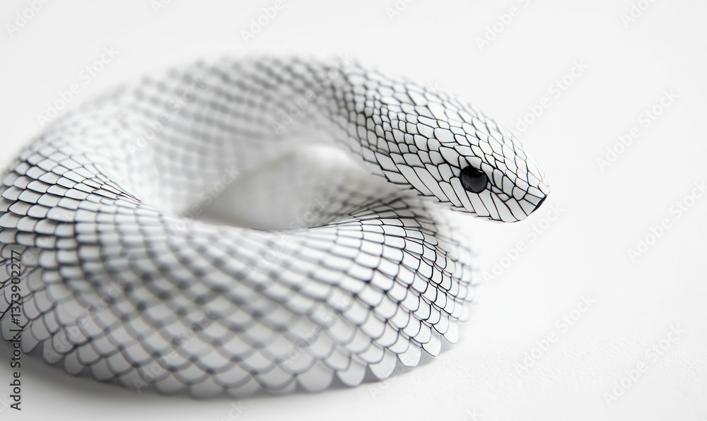 Fototapeta premium Graceful white rat snake coiled elegantly on a bright, clean, white background, showcasing its intricate scale pattern.