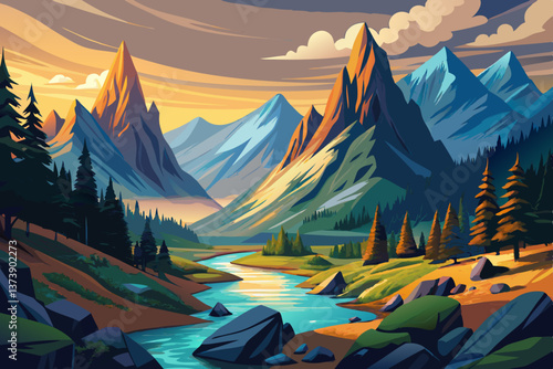 A majestic valley surrounded by towering mountains and a gentle stream flowing below