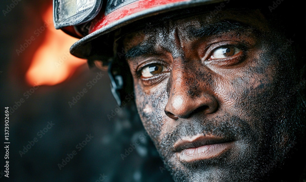 Close-up of a firefighter's soot-covered face reveals the intensity of battling a raging fire. Close-up of a firefighter's soot-covered face reveals the intensity of battling a raging fire.