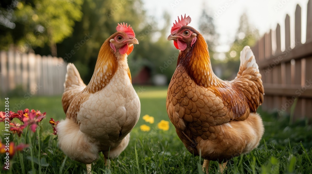 Fototapeta premium farmyard chickens, chickens roam freely in a sunlit backyard, fenced by vibrant flowers and wood