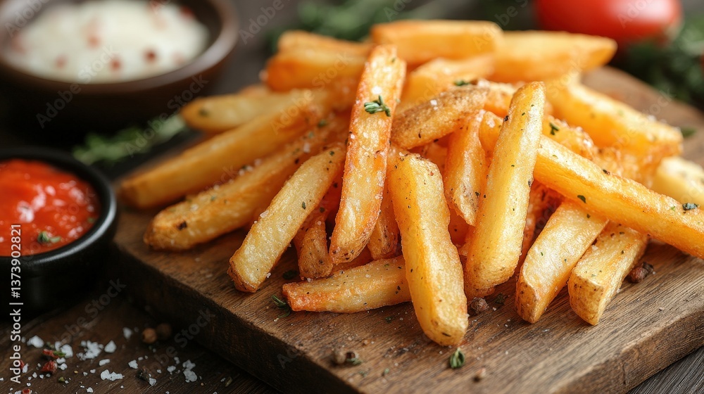 Crispy fries steal the show on a rustic cutting board. Vibrant tomato, fresh greens, and a dipping sauce complete the delicious scene Crispy fries steal the show on a rustic cutting board. Vibrant tomato, fresh greens, and a dipping sauce complete the delicious scene