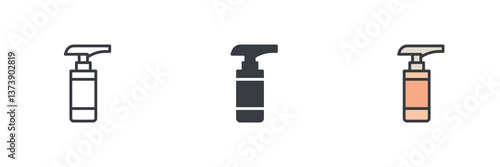 Lotion or cream dispenser bottle with a pump nozzle different style icon set