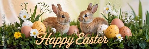 Easter Greeting Card with Adorable Brown Rabbits Decorative Speckled Eggs White Flowers On Green Grass Charming Spring Scene With Cursive Happy Easter Text warm Beige Background Perfect Holiday Wishes