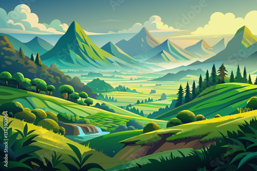 A breathtaking view of a lush green valley with misty mountains in the background