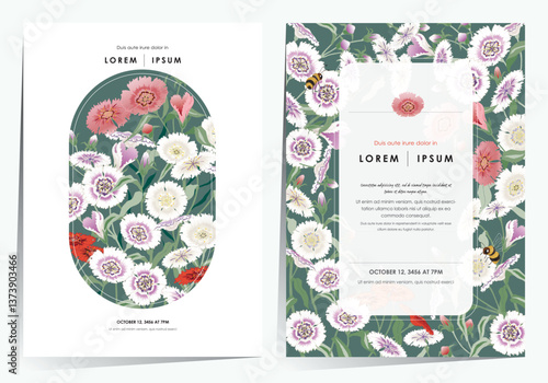  A Colorful Field of Blooming Dianthus Flowers. Vector illustration of template set in Minhwa, Korean Folk Painting Style 	