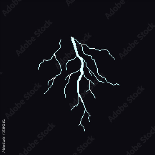 Pixel lightning effect. 8-bit style electric discharge, pixelated electricity vector, retro pixel art design element isolated on black background.