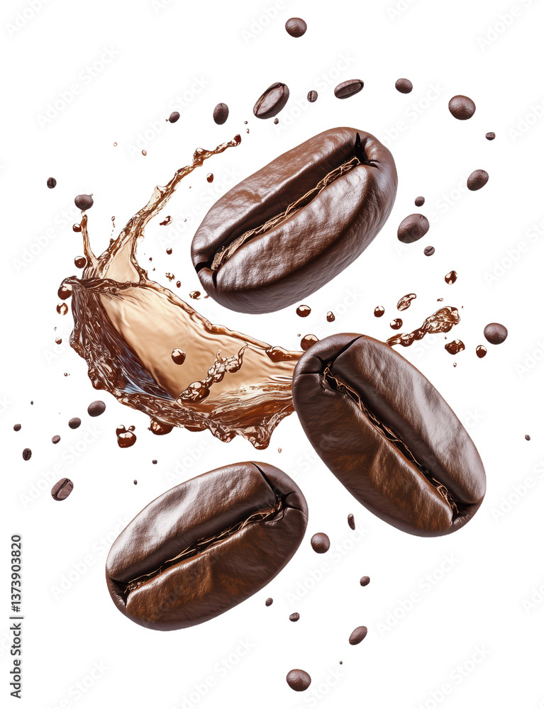 PNG Coffee beans with splashing coffee liquid PNG Coffee beans with splashing coffee liquid