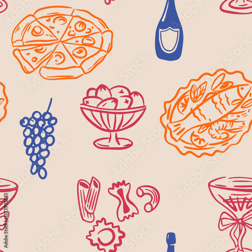 Whimsical hand-drawn italian aesthetic seamless pattern illustration in trendy vintage style. Perfect for quirky wedding holiday, dinner and bar menu, bachelorette party, birthday invitation, sign