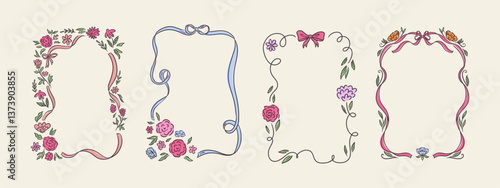 Set of spring whimsical hand-drawn pink blue orange green color frames with flowers and bows in trendy, vintage styles. Perfect for quirky holiday, wedding, birthday gift decorations.