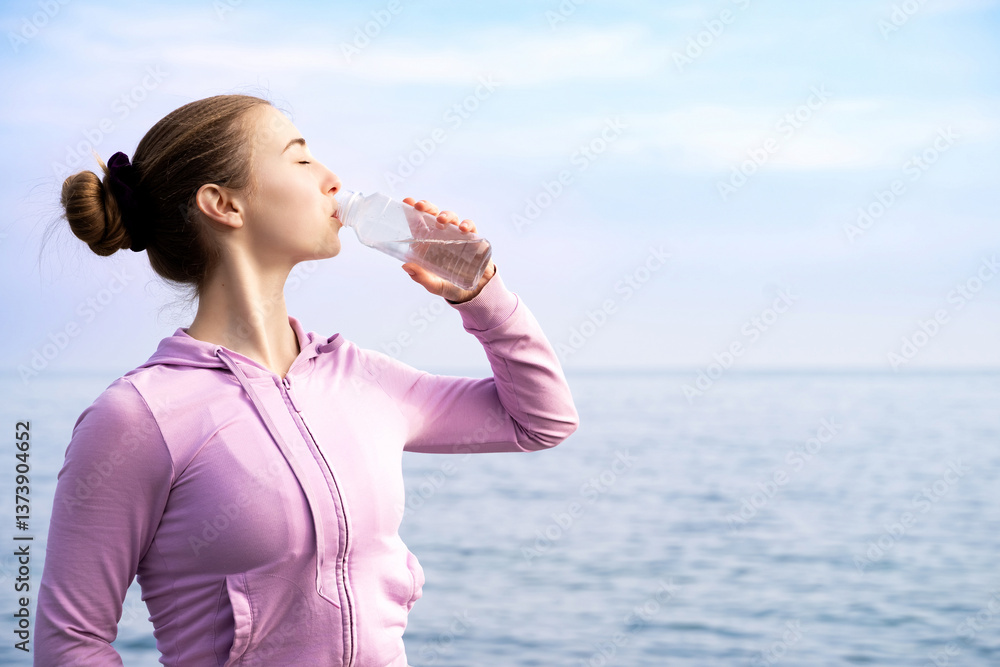 Sportswoman drinking water by the sea. Girl athlete enjoying fresh clean water from a plastic bottle during morning workout outdoors. Healthy lifestyle, wellness, hydration, sport, recreation, drink Sportswoman drinking water by the sea. Girl athlete enjoying fresh clean water from a plastic bottle during morning workout outdoors. Healthy lifestyle, wellness, hydration, sport, recreation, drink