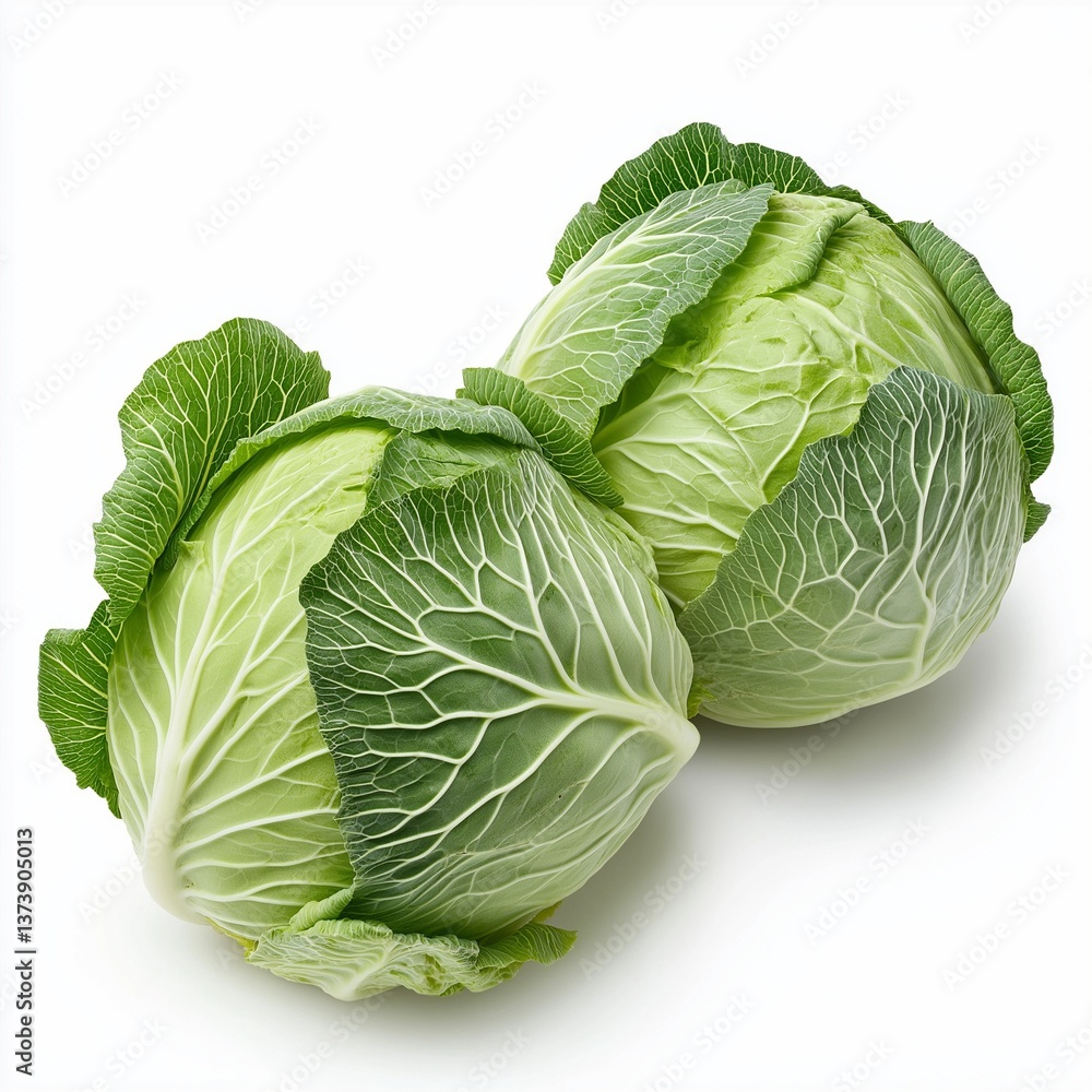Fototapeta premium Two green cabbages with leaves on white background