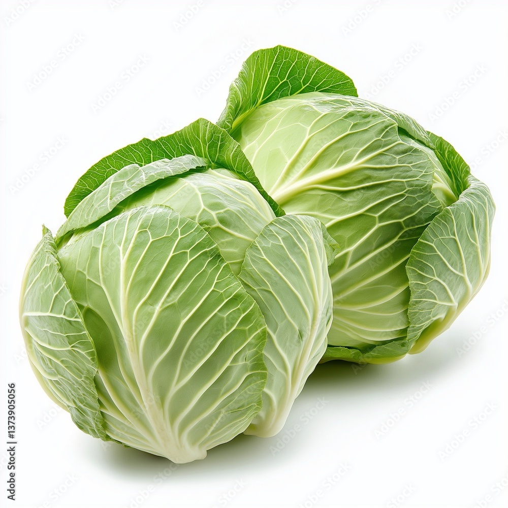 Fototapeta premium Two green cabbages with leafy texture on white background