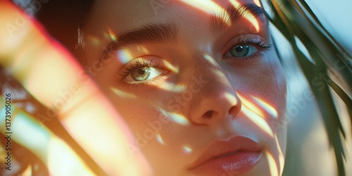 A captivating portrait of a young woman with striking blue eyes. Soft light filters through leaves, creating a dreamy atmosphere. Ideal for artistic and emotional themes. AI
