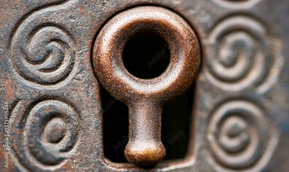 An antique keyhole with a weathered metal finish and decorative spiral patterns evokes a sense of history. An antique keyhole with a weathered metal finish and decorative spiral patterns evokes a sense of history.