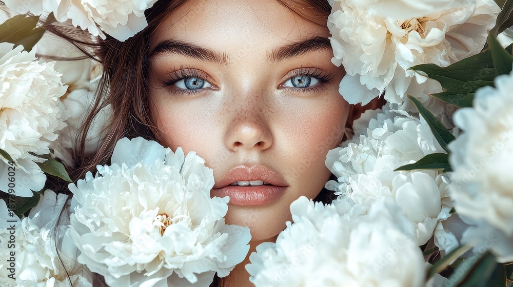 Naklejka premium Close-Up of a Young Woman Surrounded by White Peonies and Greenery