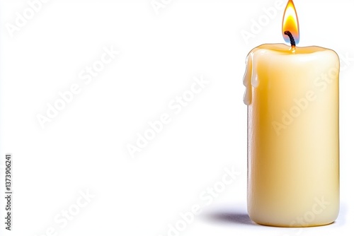 Burning Off White Candle with Melted Wax on White Background
