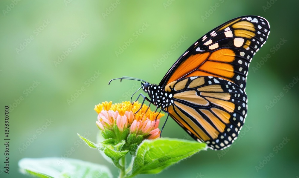 A monarch butterfly gracefully feeds on a delicate flower, showcasing nature's beauty in soft light. A monarch butterfly gracefully feeds on a delicate flower, showcasing nature's beauty in soft light.
