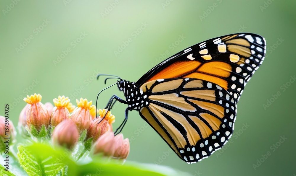 Fototapeta premium A vibrant monarch butterfly rests delicately on budding wildflowers, showcasing its intricate wing patterns.