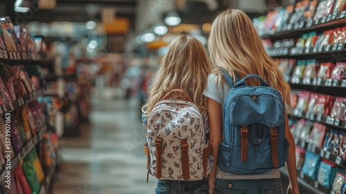 A mother and daughter, faces illuminated by warm sunlight, explored a vibrant school supply store, their eyes wide with wonder at the array of colorful pencils, erasers, and backpacks that awaited 