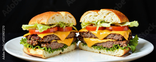 A mouthwatering beef and cheese burger cut in half, showcasing layers of juicy beef patties, melted cheese, fresh lettuce, and ripe tomatoes on a soft bun