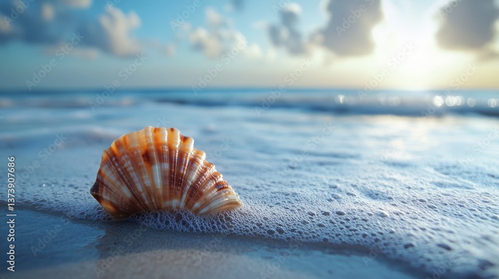 A peaceful seashell rests on the sandy beach as the sun sets over the ocean horizon. A peaceful seashell rests on the sandy beach as the sun sets over the ocean horizon.