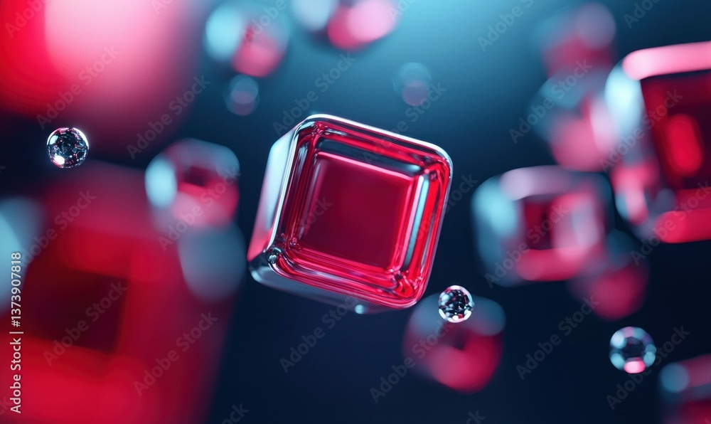 Elegant 3D render of transparent red cubes and tiny reflective spheres floating in a dark blue scene. Elegant 3D render of transparent red cubes and tiny reflective spheres floating in a dark blue scene.