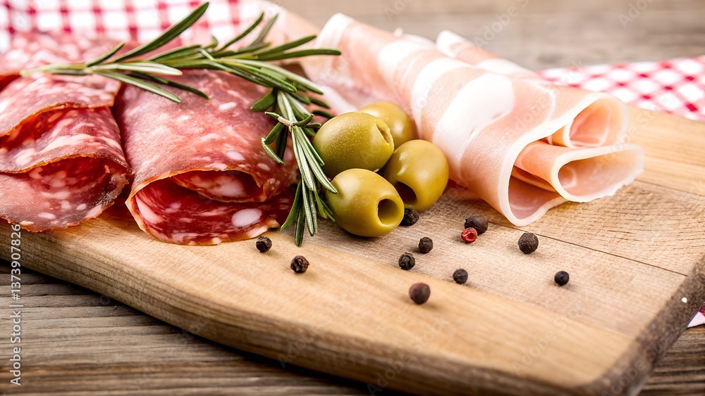 Gourmet Charcuterie Selection Cured Meat Assortment with Rosemary, Peppercorns, and Olives