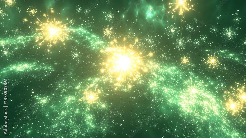 Fototapeta premium A green and yellow starry sky with a bright yellow star in the middle
