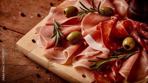 Obraz na płótnie Gourmet Charcuterie Selection Cured Meat Assortment with Rosemary, Peppercorns, and Olives w salonie