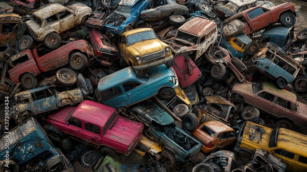 Colorful Abandoned Vehicles Piled in Junkyard Scene with Rust Colorful Abandoned Vehicles Piled in Junkyard Scene with Rust