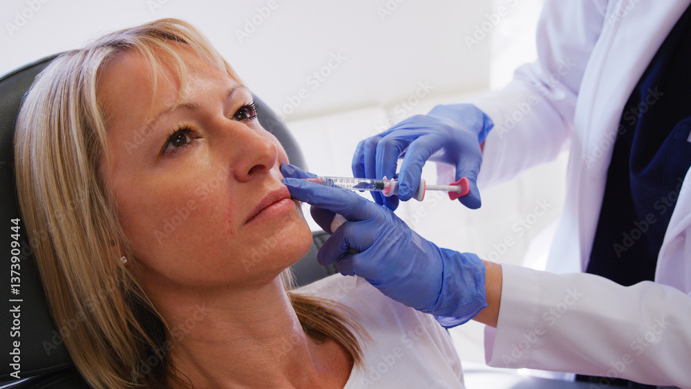 Fototapeta premium Mature Woman Sitting In Chair Being Give Anti Ageing Injection By Female Doctor
