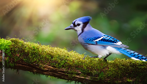 A blue jay perched on a moss-covered branch, surrounded by a soft, blurred green background with sunlight peeking through