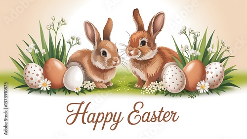 Easter Greeting Card with Adorable Brown Rabbits Decorative Speckled Eggs White Flowers On Green Grass Charming Spring Scene With Cursive Happy Easter Text warm Beige Background Perfect Holiday Wishes