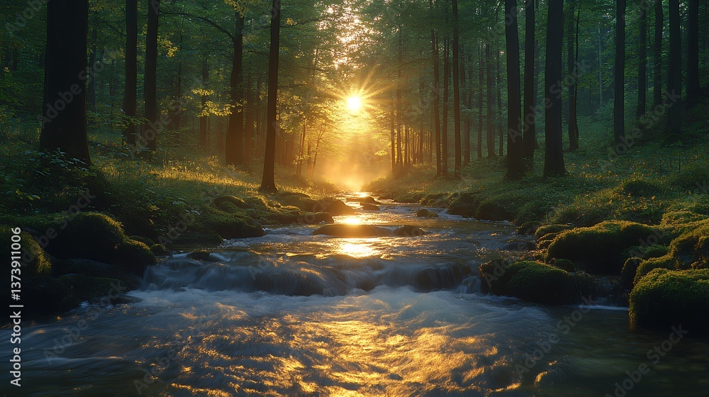 Fototapeta premium Sunlit Forest Stream. Generative AI